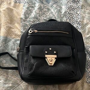 Black Embossed Mini Backpack with Gold Hardware